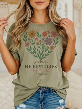 He Restores My Soul floral heart T-shirt | Psalm 23:3 faith tee